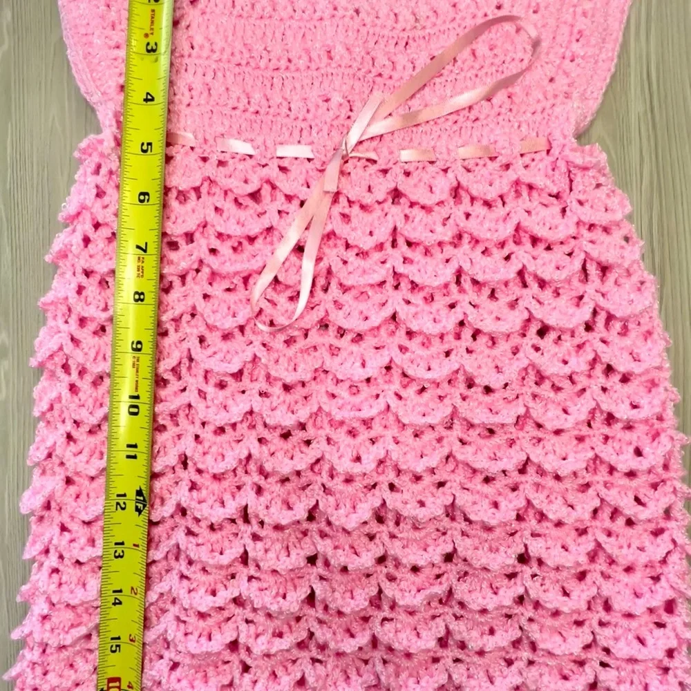 Handmade Crochet Baby Girl Dress Pink Layered Shell Stitch Ruffle Infant 6-12 M‎